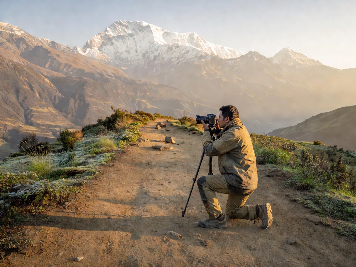 A mountain photographer composing a view from an established trail in Nepal’s Annapurna region