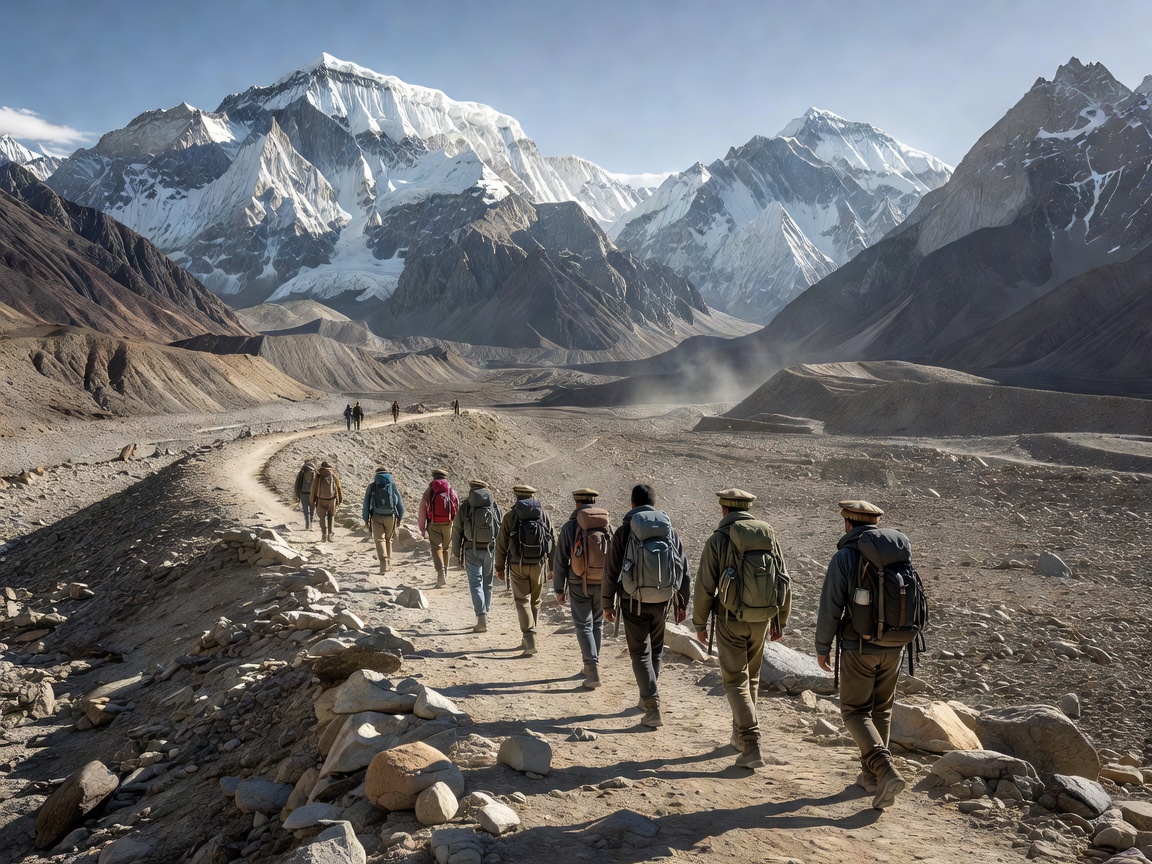 Trekkers moving through rocky terrain in Pakistan’s Baltoro valley beneath high Karakoram peaks